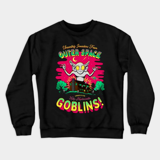 Unearthly Invaders from Outer Space, Lookout! It's the Kelly-Hopkinsville Goblins Cute Cryptid Aliens Crewneck Sweatshirt by Strangeology